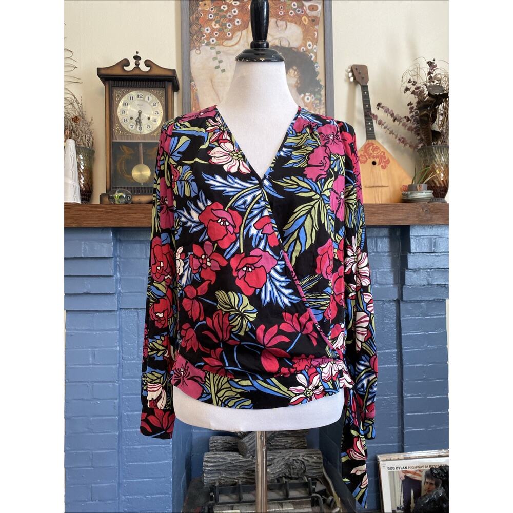 Anthropologie TINY Wrap Black Floral Print Long Sleeve V Neck Side Tie Sz S Boho